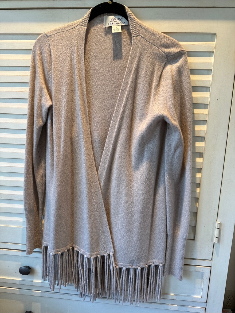 St. John Cashmere-Blend Open Front Fringe Cardigan — Light Taupe